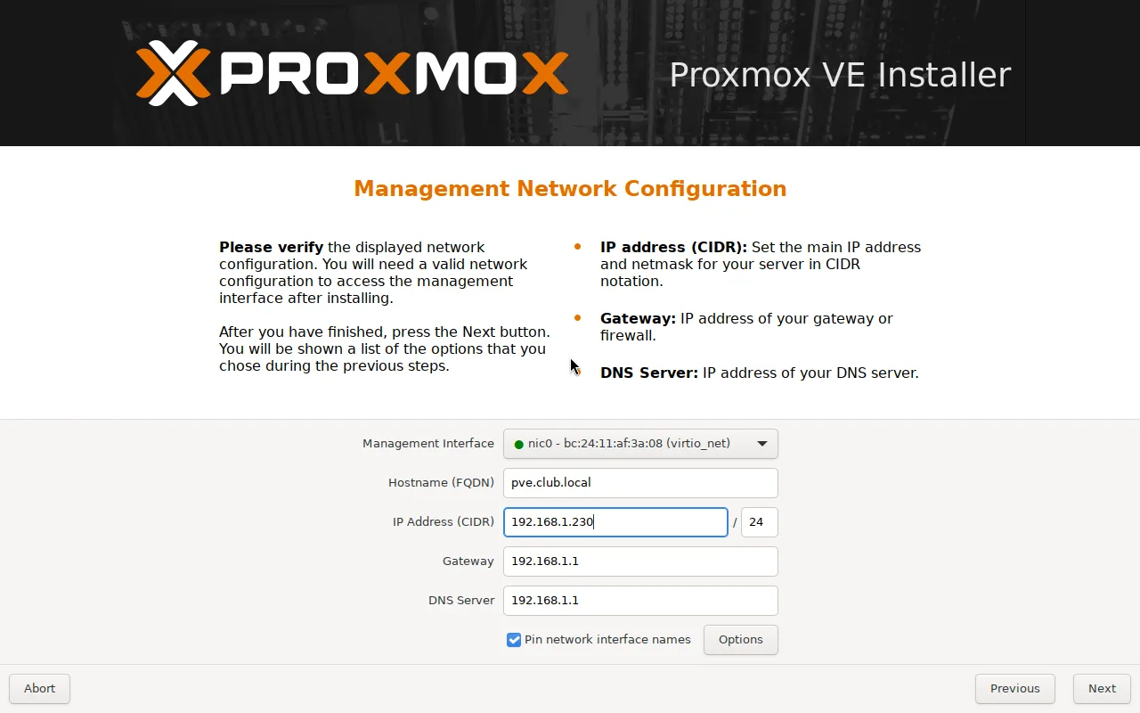 Экран Management Network Configuration: имя pve.club.local и постоянный адрес (пример)
