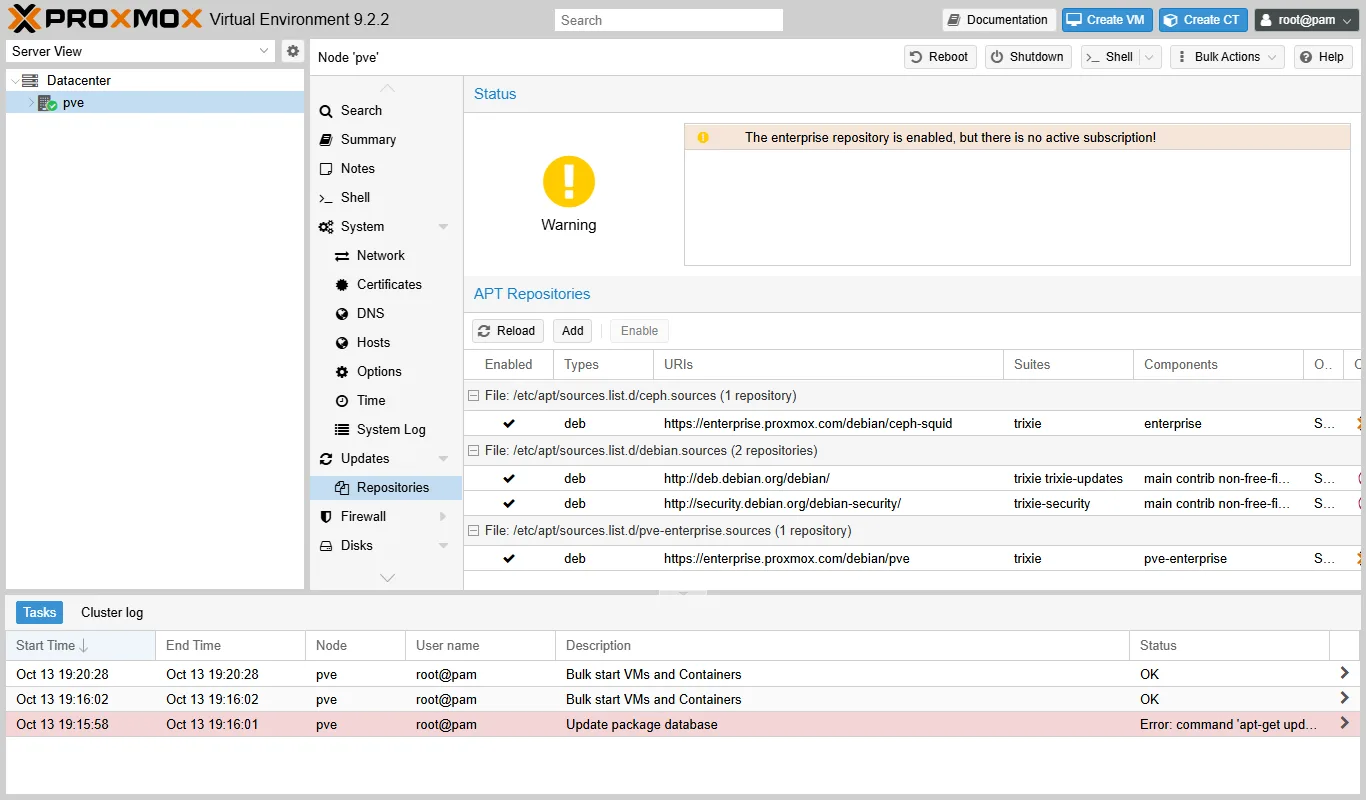 Updates → Repositories: две строки enterprise и предупреждение сверху